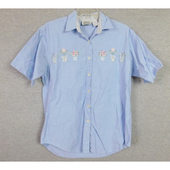 Woman Shirt Medium Blue Embroidered Flower Pots Short Sleeve Separate Issue VTG - Picture 1 of 7